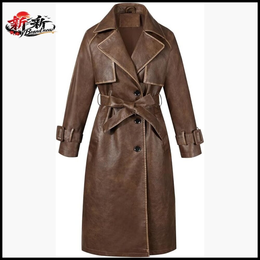 Faux PU Leather Trench Coat Oversize Classic Lapel with Belt